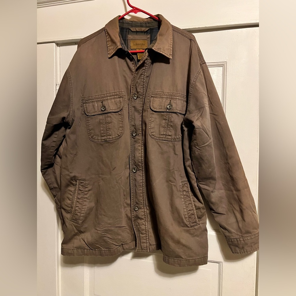 St Johns Bay Medium Barn Jacket Chore Coat Brown Plaid Flannel Lined